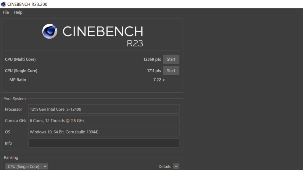 Corei5-12400のCinebenchR23