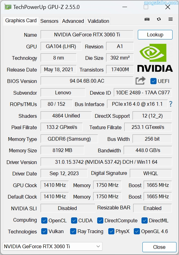 ビデオカードはGeforce RTX 3060 Tiを搭載