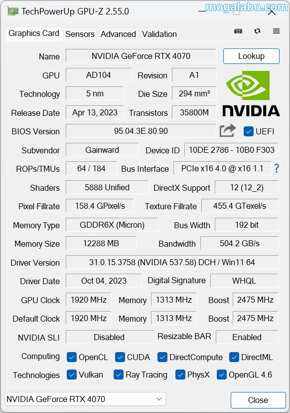 RTX 4070はPCI-Express4.0で動作