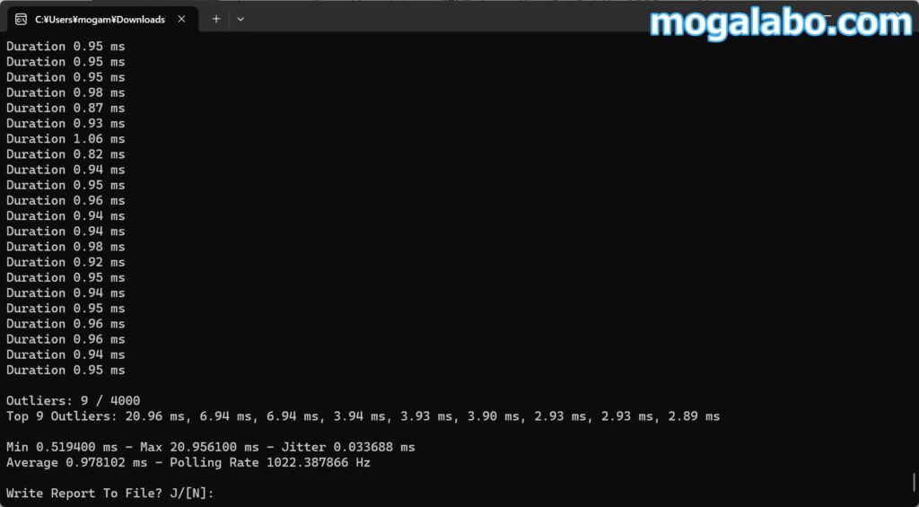 有線時のポーリングレートは「1022.387866Hz」