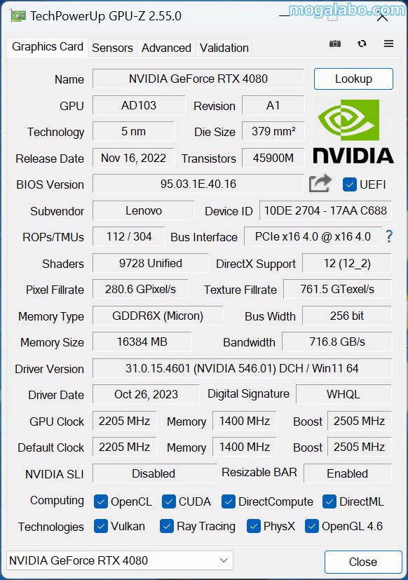 ビデオカードはGeforce RTX 4080を搭載