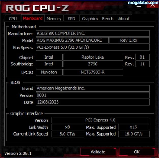 マザーボードは「ROG MAXIMUS Z790 APEX ENCORE」と認識