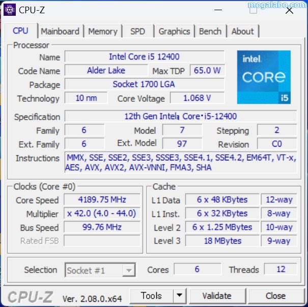 Core i5-12400のCPU-Z