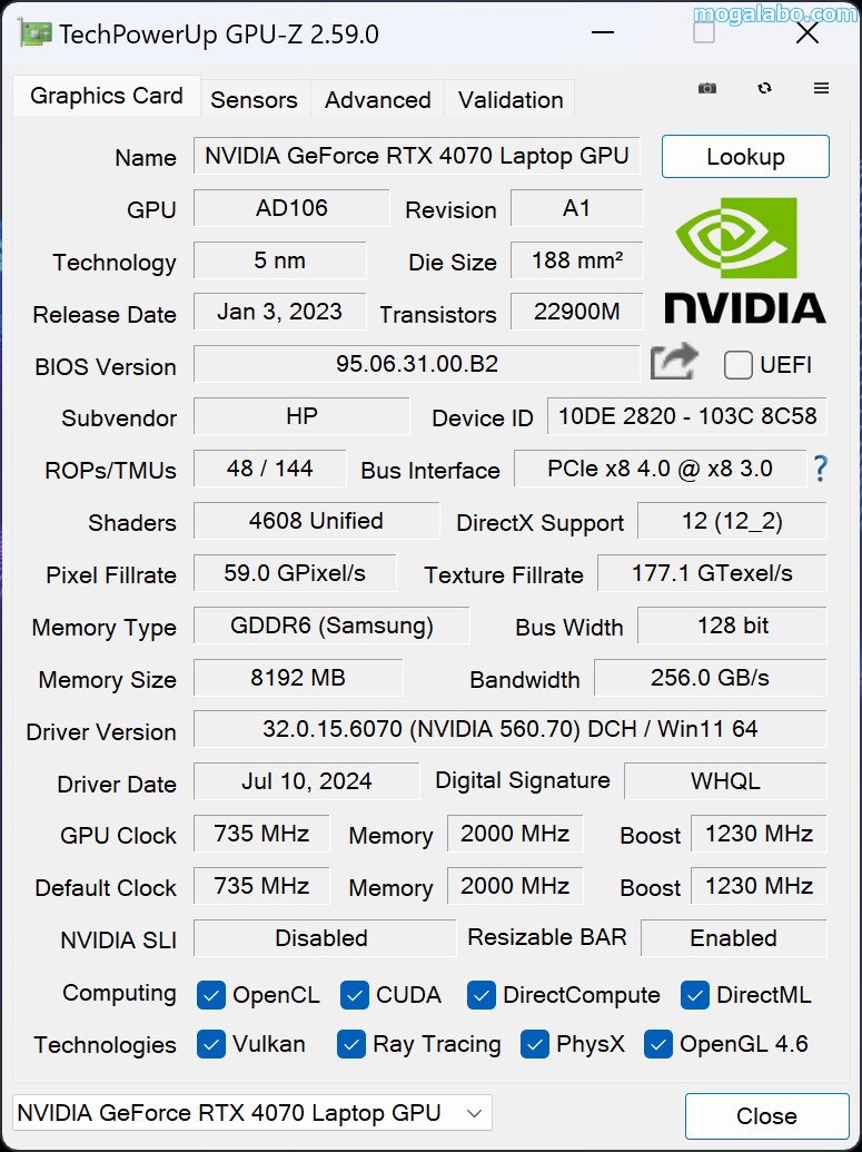 NVIDIA GeForce RTX 4070 LaptopのGPU-Z