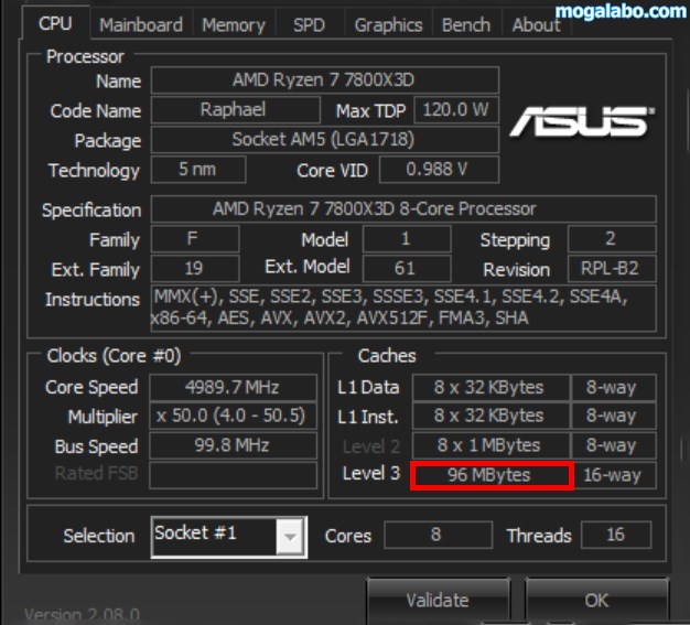 Ryzen 7 7800X3DのCPU-Z