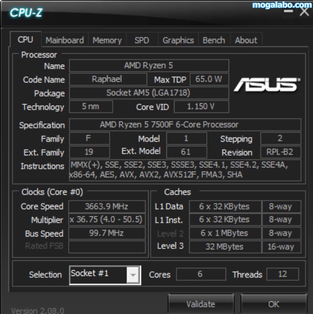 Ryzen 5 7500FのCPU-Z