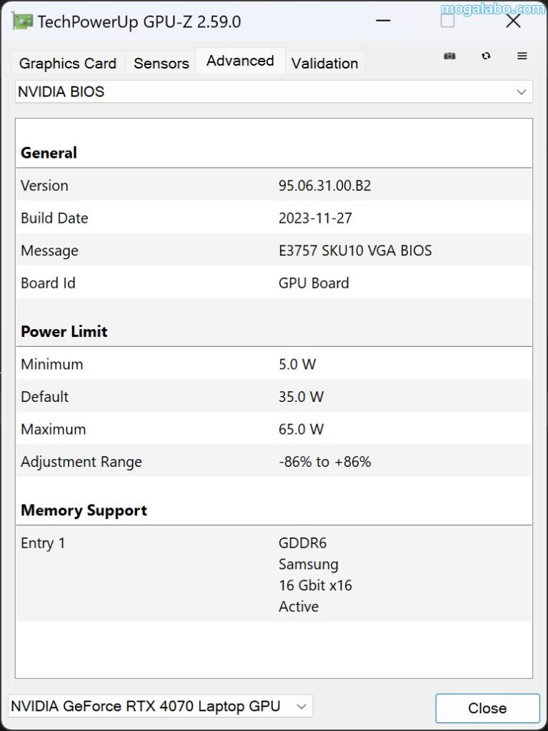 NVIDIA GeForce RTX 4070 LaptopのMAXTDP