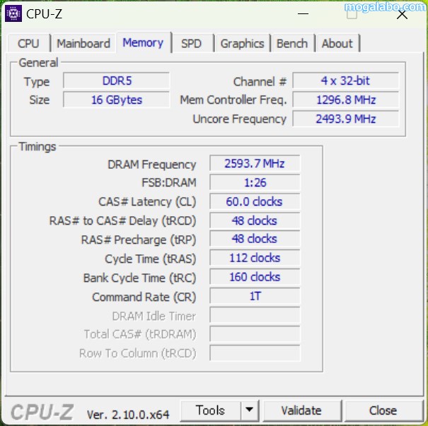 メインメモリはLPDDR5-5200の16GB (8GBx2) のデュアルチャネル構成