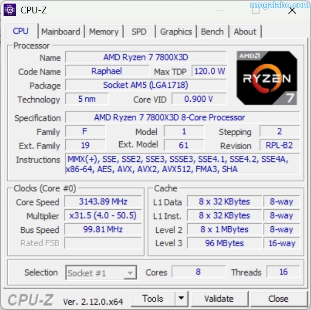 CPU-ZでRyzen 7 7800X3Dの情報を取得