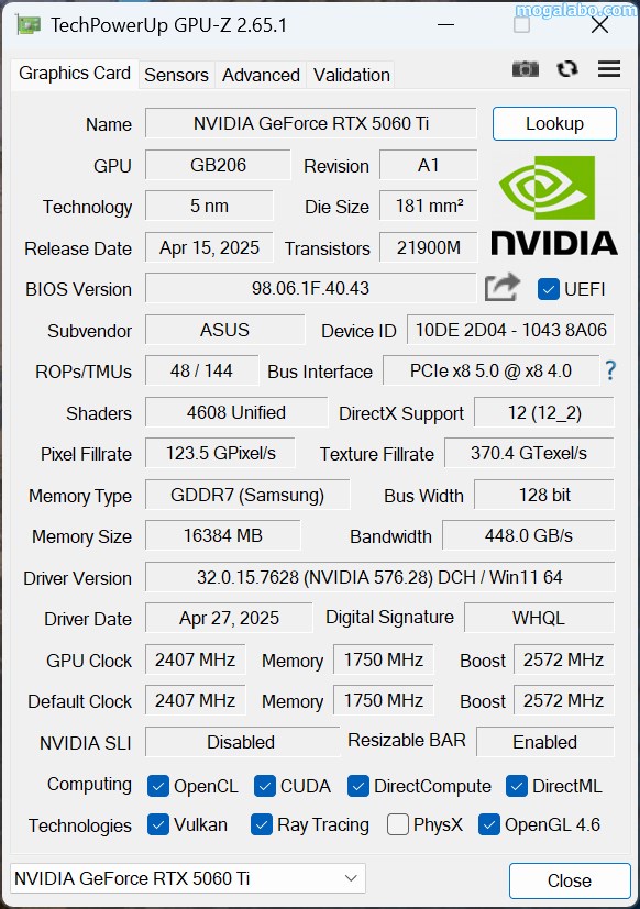 GPU-ZでRTX5060Tiの情報を取得