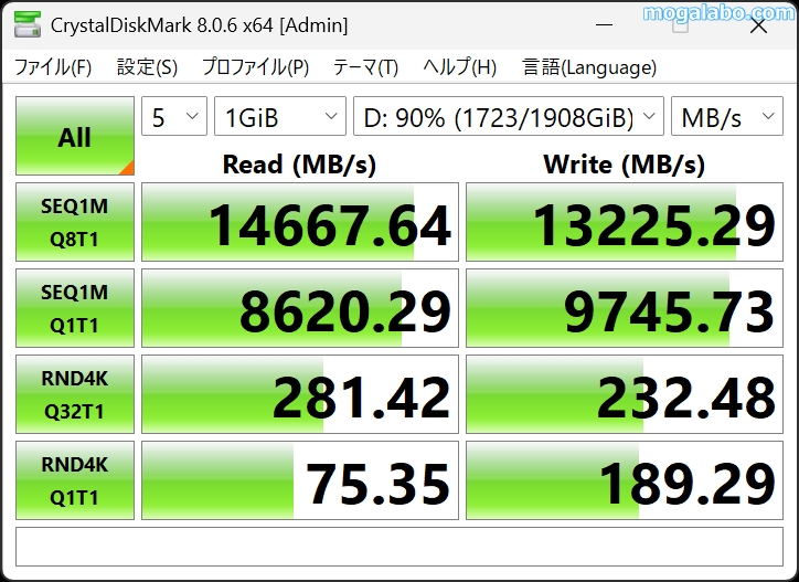 Crystal Disk Mark 8.0.6(空き容量10%)