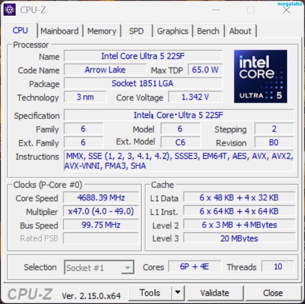 Core Ultra 5 225FのCPU-Zの情報