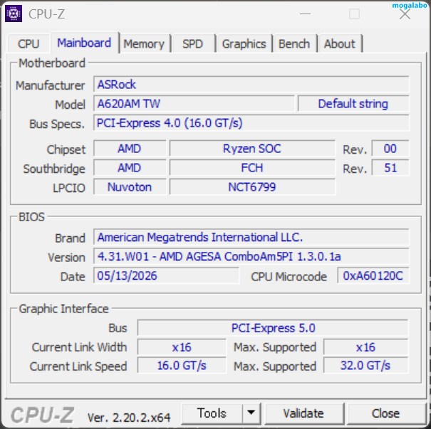 マザーボードは、A620チップセット搭載の「Asrock A620AM TW」が搭載