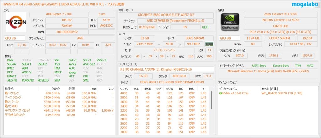 Ryzen 7 7700とRTX 5070のシステム概要