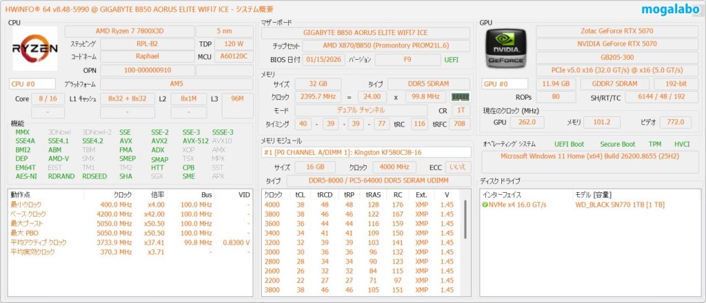 Ryzen 7 7800X3DとRTX 5070のシステム概要